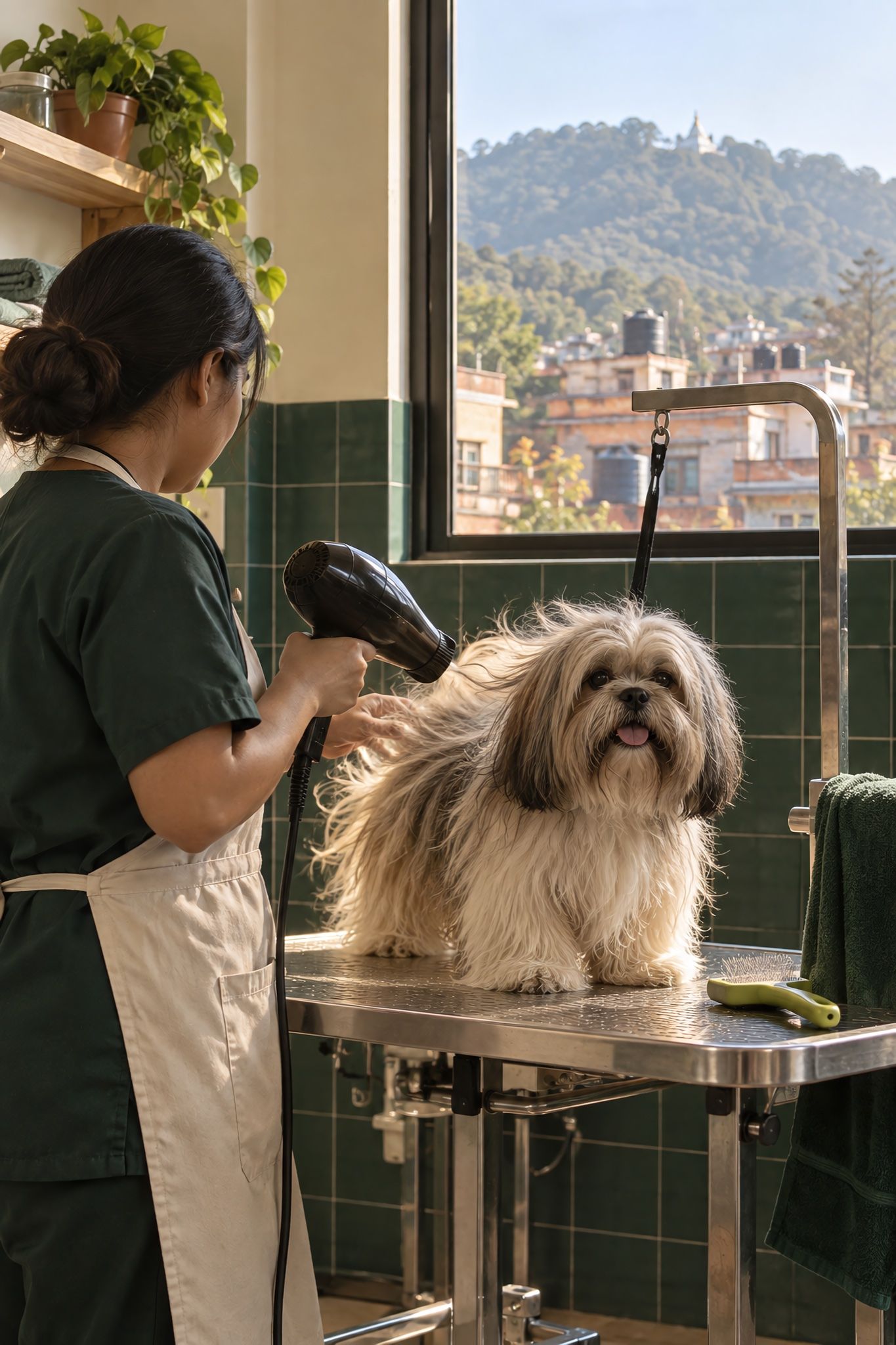 A groomer blow-dries a Lhasa Apso on the grooming table, the hills through the window