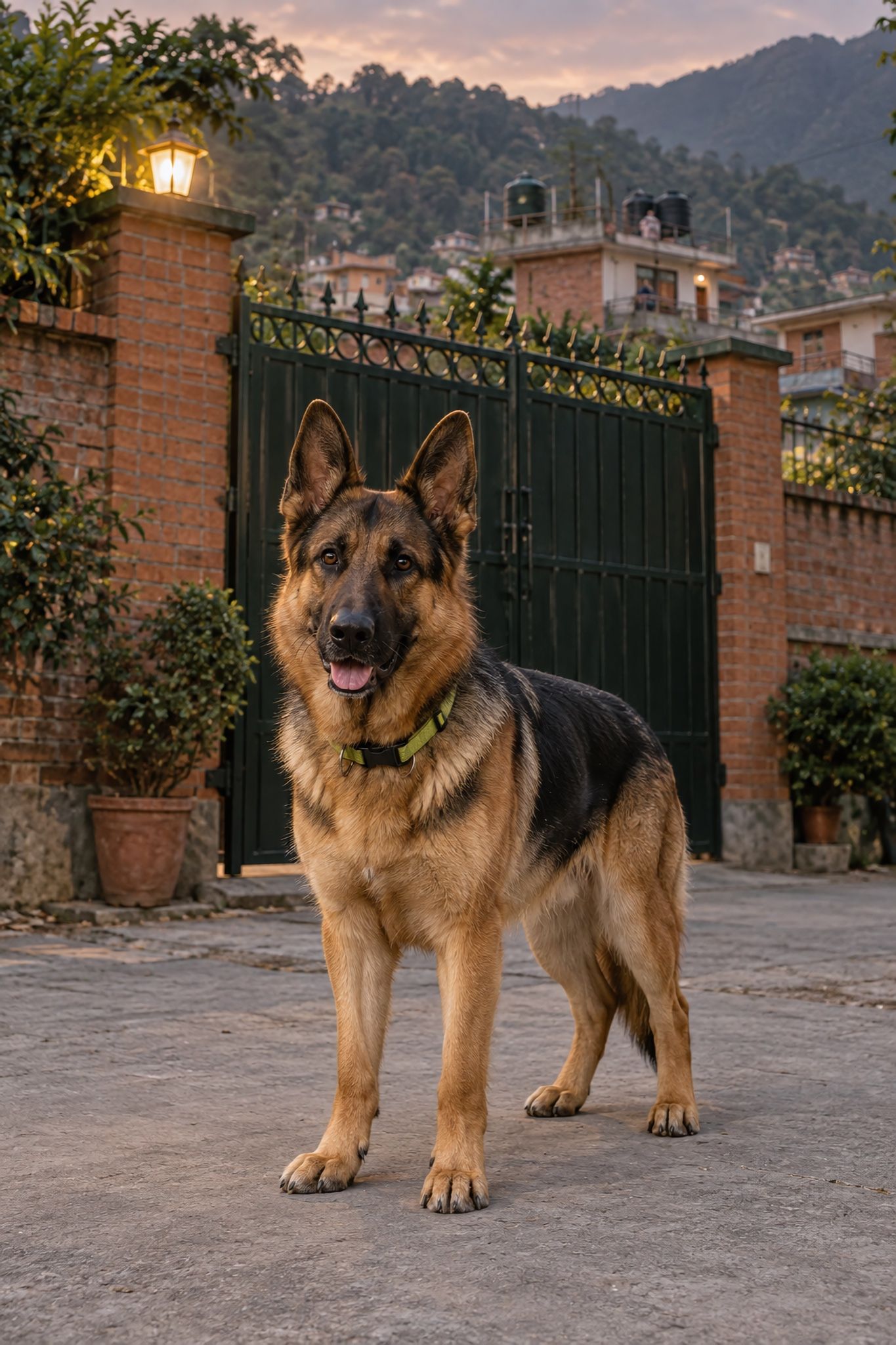 A German Shepherd on guard at the iron gate of a brick house in the evening