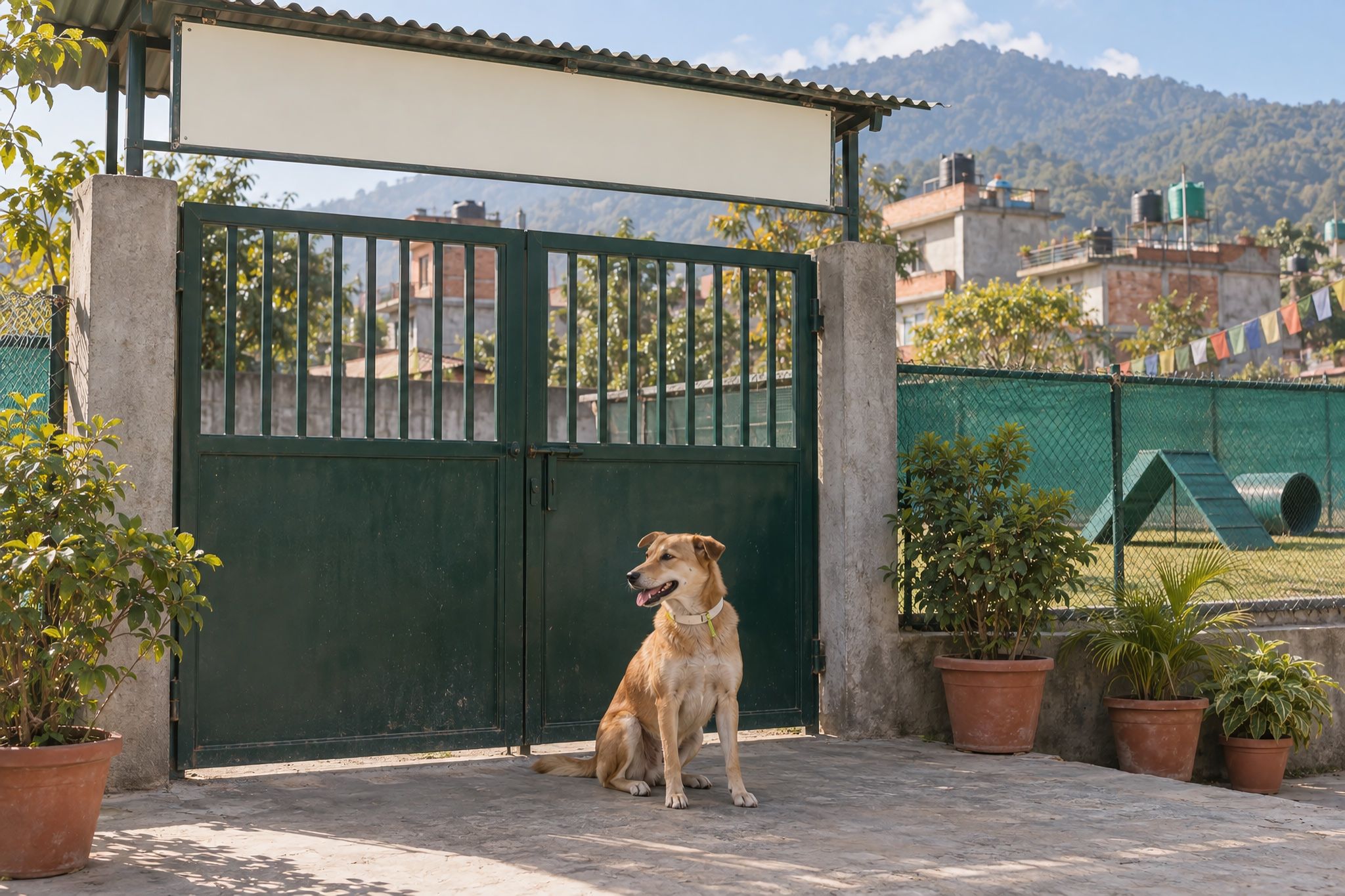 A gate with a green mesh fence and potted plants, a dog sitting beside it