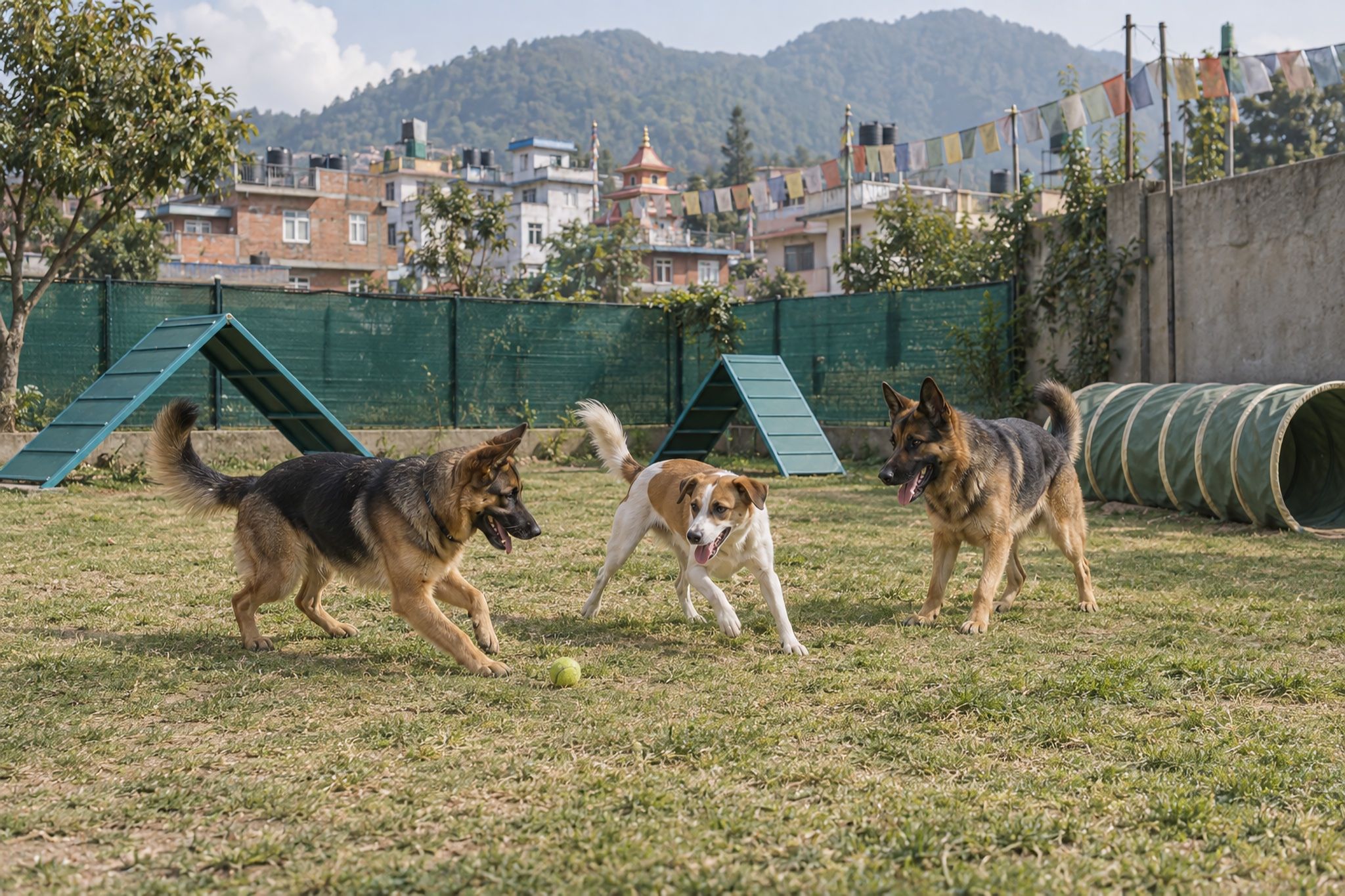 A play yard and agility course with dogs playing