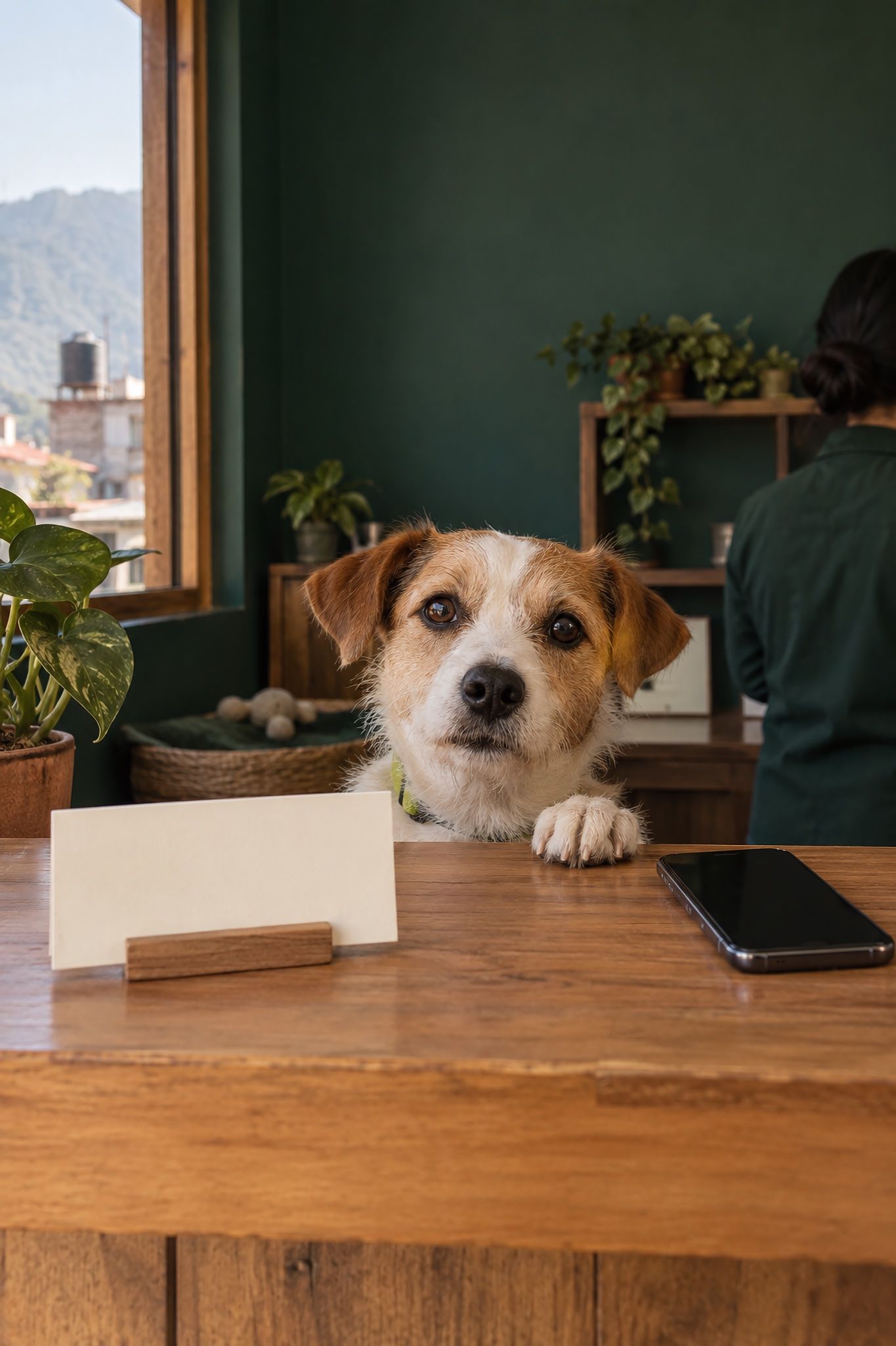 A small dog's paw on the reception counter beside a phone