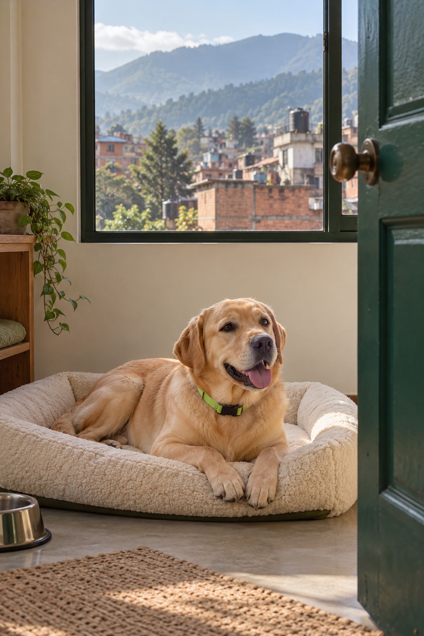 A golden Labrador on a cream dog bed in a suite, the Shivapuri hills through the window