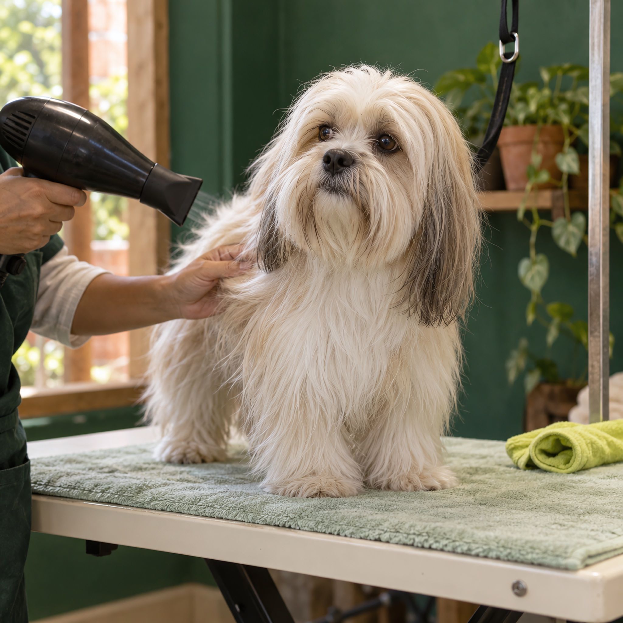 A groomer blow-drying a Lhasa Apso on a grooming table