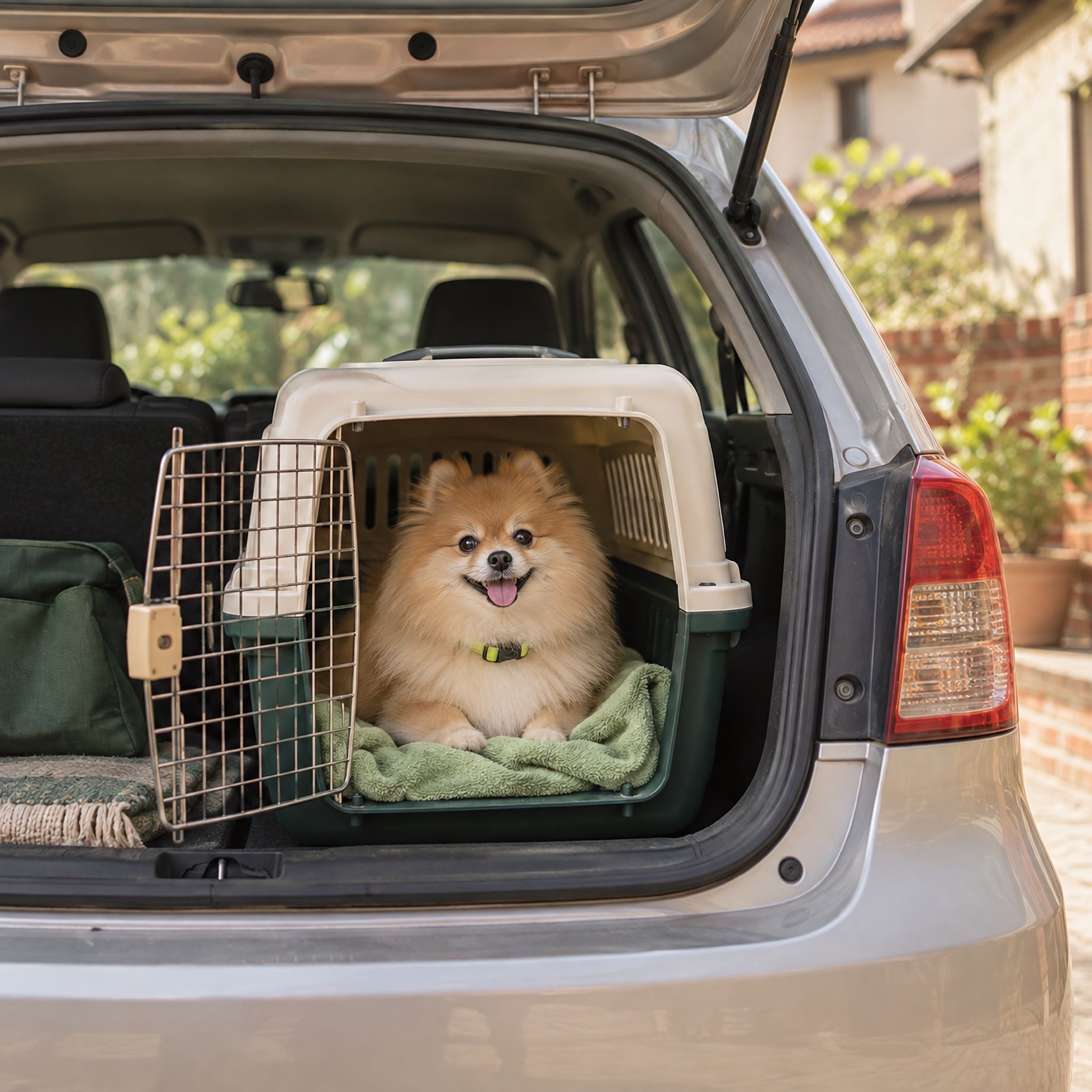 A Pomeranian in a travel crate in the back of a small car