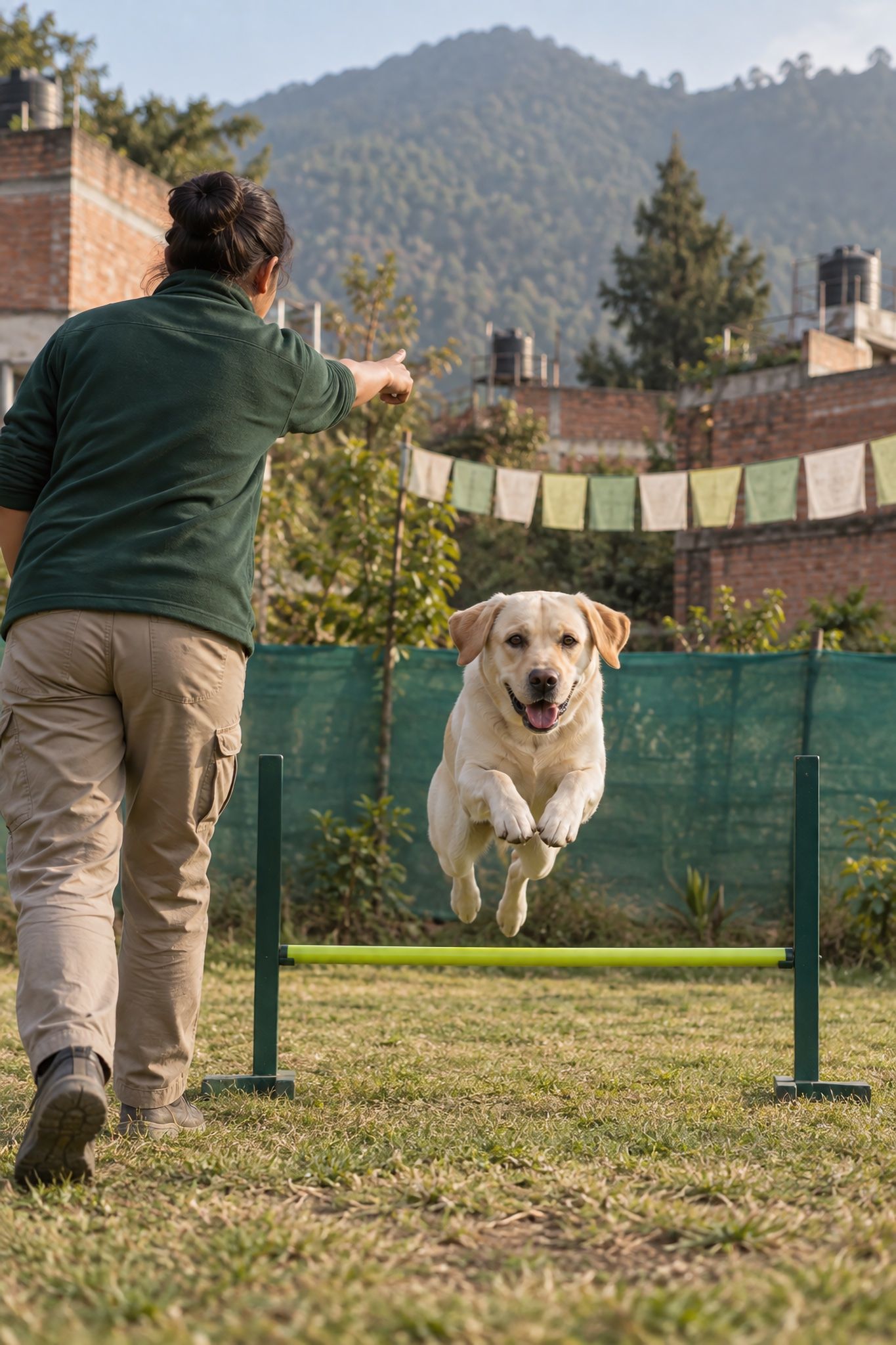 A Labrador jumps a bar on the agility course while the trainer points ahead