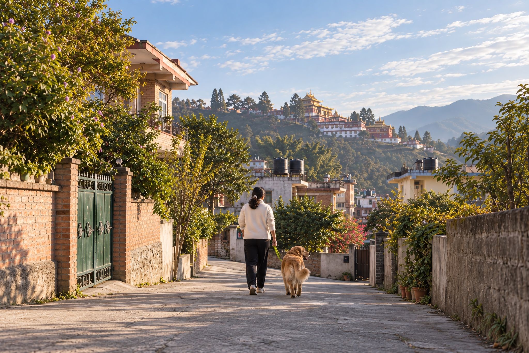 A lane in Kapan with a person walking a dog, Kopan Monastery on the hill above